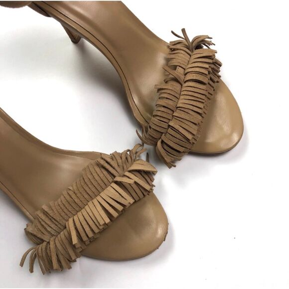 Joie Pippi Fringe Tan Suede Ankle Strap High Heel Shoes Women Sz. 6 - Picture 3 of 7